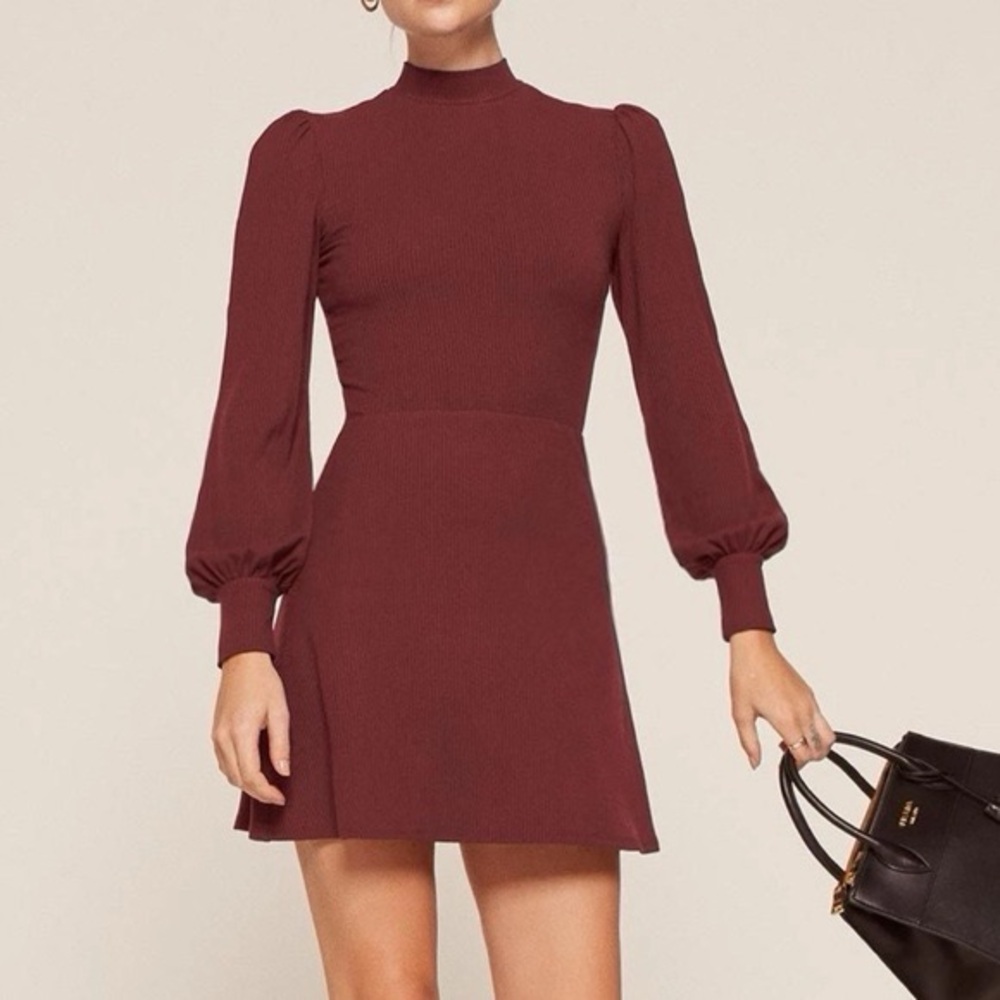 Reformation Eliza Ribbed Long Sleeve Dress Burgundy Medium